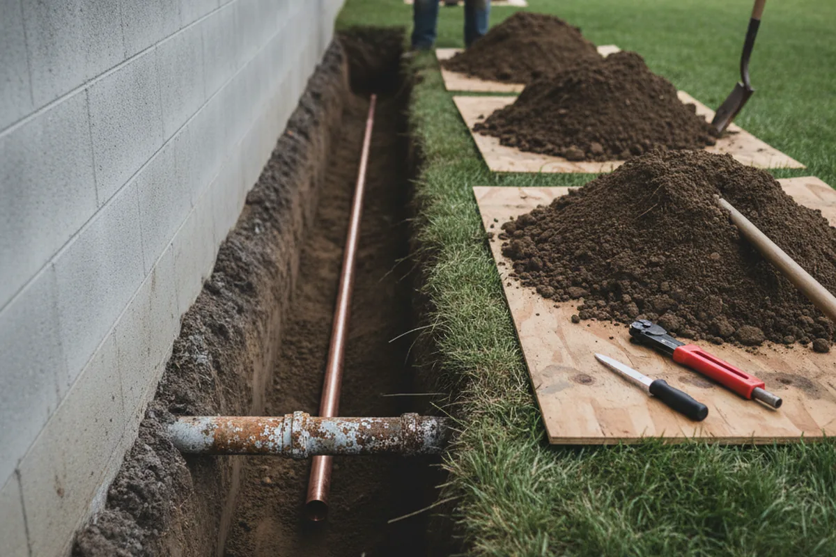 Excavated water line trench during Water Softener Installation in Damon